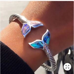 Mermaid Tail Cuff Bracelet Blue Enamel Silver Tone Adjustable